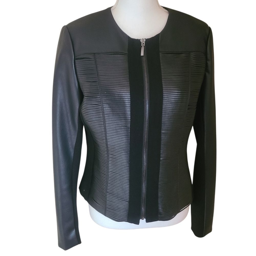 tribal jacket full zip faux leather moto textured black size M